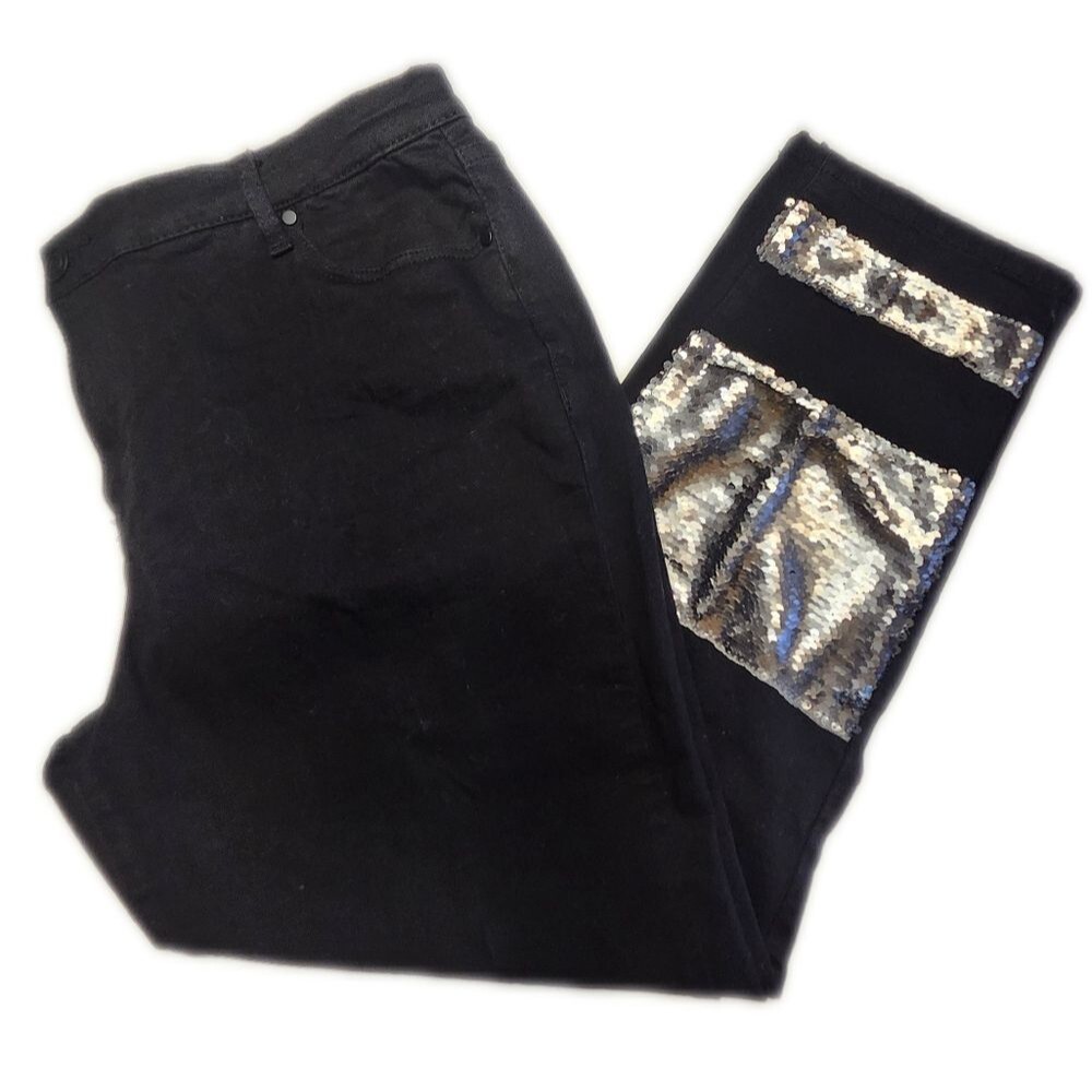 Eloquii Balck Slim Leg Jeans With Silver Sequin Detail On Legs, Wm's 18